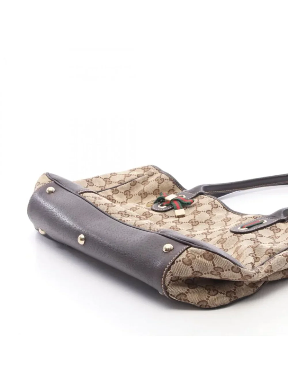 Gucci Tote Prince Sherry Line Beige Dark Brown Canvas Leather Ribbon